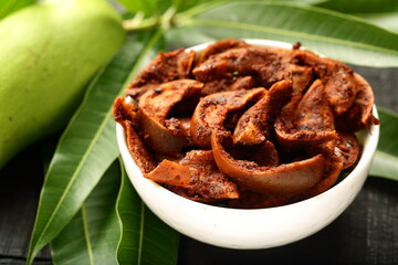 Homemade traditional dry mango pickle from Kerala, ada manga achar,  