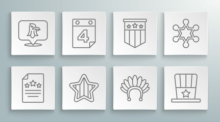 Set line Declaration of independence, Calendar with date July 4, USA Independence day, Indian headdress feathers, Patriotic American top hat, flag, Hexagram sheriff and Eagle icon. Vector