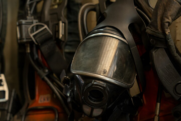 Obraz premium Helmet in the fire station,Fireman suit,Firefighter gear.