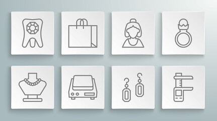 Set line Necklace on mannequin, Shopping bag jewelry, Electronic scales, Earrings, Calliper or caliper and, Consultant of store, Diamond engagement and Tooth with diamond icon. Vector