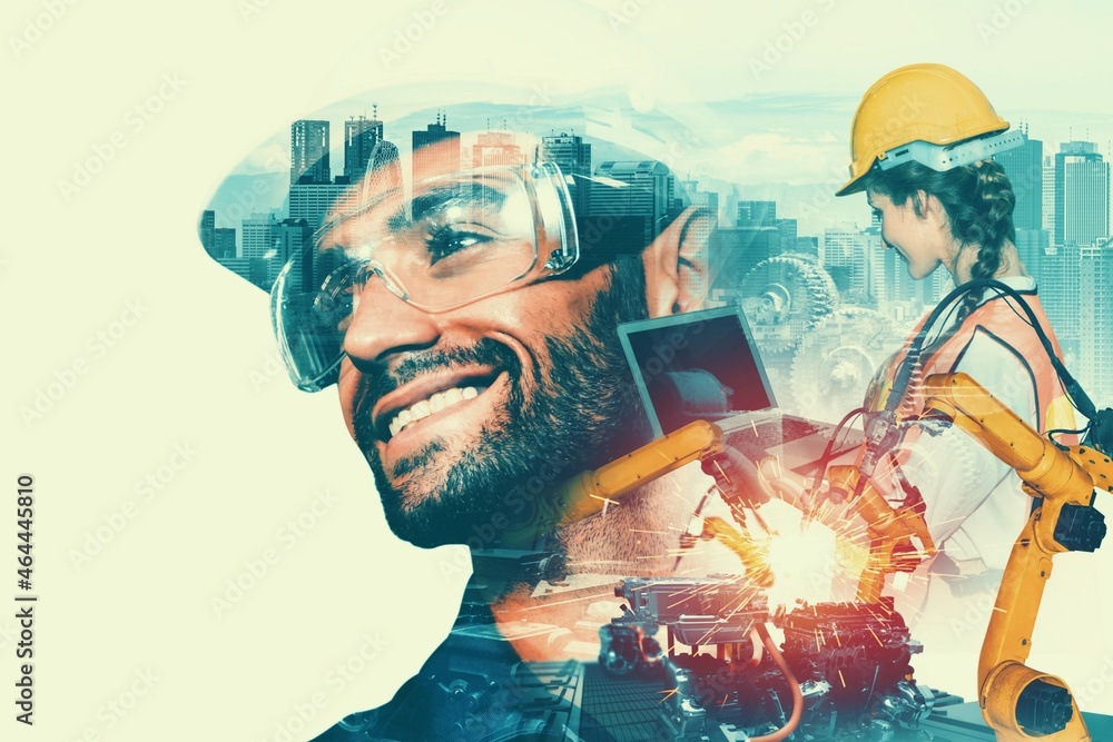 Poster mechanized industry robot arm and factory worker double exposure . concept of robotics technology fo