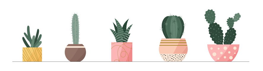 Trendy collection of home cute cactus plants in flowerpots pack icons. Set of mini cacti succulent plants in pots modern illustrations. Cozy vector decoration elements in flat swiss graphic style.  © Takoyaki Shop