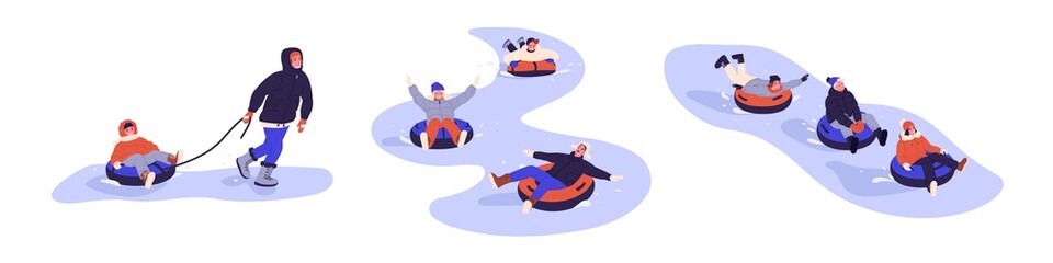 People riding tubings down hill in snow. Happy families, adults and kids having fun, sliding on slopes on winter holidays. Wintertime leisure. Flat vector illustrations isolated on white background