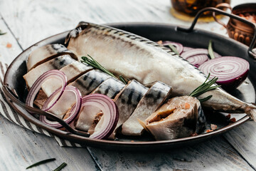 Korean fresh seafood mackerel fish or herring fish. mackerel steak, Food recipe background. Close up