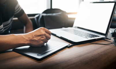 Fototapeta premium Select focus on hand asian businessman uses a mouse, pen, laser mouse working with computer laptop on desk