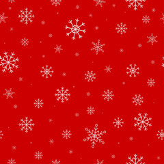 White snowflakes on red background seamless pattern. 
Christmas seamless pattern of falling snowflakes in white colors with bokeh effect. Cartoon flat style.