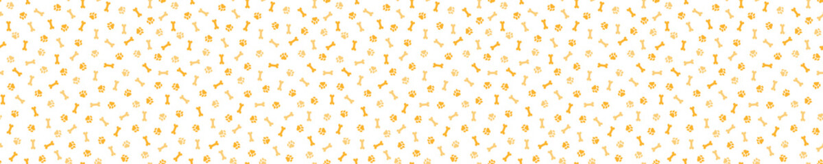 Seamless pattern with pink and orange paws, bones and balls