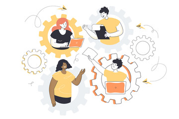 People working in dedicated team of strong professionals. Joint efforts, effective teamwork of characters inside gears flat vector illustration. IT business model, workflow optimization concept - obrazy, fototapety, plakaty