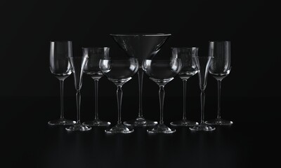 Lots of wine glasses of different shapes. Dark background. 3d rendering