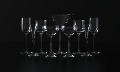 Lots of wine glasses of different shapes. Dark background. 3d rendering