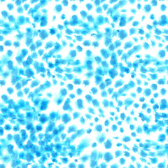 Seamless pattern with watercolor stains. Blue blurry specks, texture for fabric, packaging
