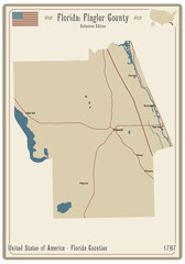Map on an old playing card of Flagler county in Florida, USA.