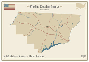 Map on an old playing card of Gadsden county in Florida, USA.