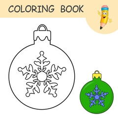 Coloring book with cartoon Christmas tree toy. Colorless and color samples Ball on coloring page for kids. Coloring design in cute cartoon style. Black contour silhouette with a sample for coloring.