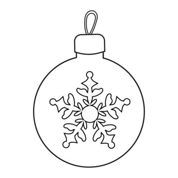 Colorless cartoon New year Ball with snowflake. Black and white template page with new year decoration. Christmas tree toy with ornaments. Practice worksheet or Anti-stress coloring page for kids.