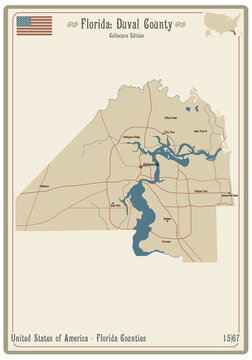 Map On An Old Playing Card Of Duval County In Florida, USA.