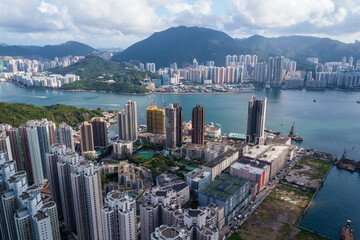 Fototapeta na wymiar Drone fly over Hong Kong city