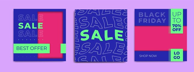 Blue Set of black Friday 2021 sale post social media pack template premium poster vector. Black Friday sale label template design for banner, idea, cover, booklet, print, flyer, card, poster, badge