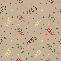Seamless pattern with confetti and polka dot. Vector illustration of pattern on kraft paper. Pattern for Christmas, Birthday, New Year and another celebration.
