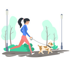 Girl jogging with a dog in the park. Flat vector illustration