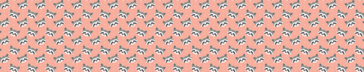 Pink seamless pattern with raccoon heads and dots