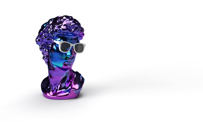 3d render David's head with glasses on the former backdrop, metal close head of david, art background