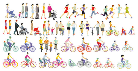 Fototapeta na wymiar leisure, cycling, running, disability, running, jogging, family, children, pedestrians, cyclists, people, outdoors, leisure, recreation, people, sidewalk, grandchildren, walk, city, vacation, hiking, 