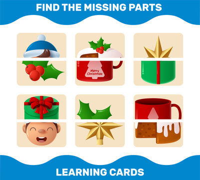Match cartoon christmas parts. Matching game. Educational game for pre shool years kids and toddlers