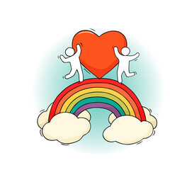 Cartoon little people with rainbow.