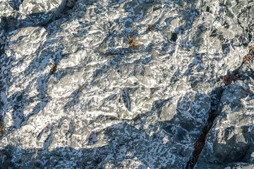 The pattern and texture of a weathered and cracked sandstone fragment. Natural background and relief of the stone.