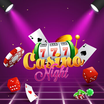 Casino Night Poster Design With 3D Slot Machine, Playing Cards, Poker Chips, Golden Coins And Focus Lights On Purple Grid Background.