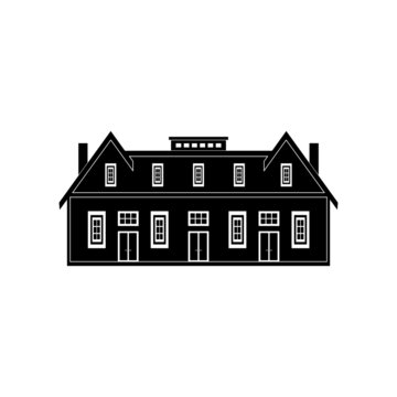 The icon of a large apartment building with large and small windows and an attic on a white background.
