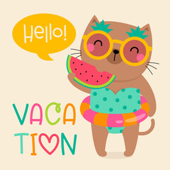 Cute cat holding a sliced watermelon cartoon illustration for summer holidays concept.