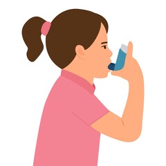 Little girl uses an asthma inhaler against attack. World asthma day. Allergy,Bronchial asthma kids.Vector  illustration - obrazy, fototapety, plakaty
