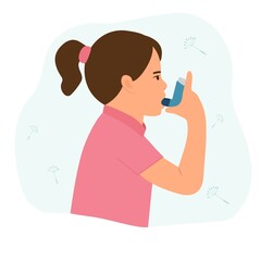 Little girl uses an asthma inhaler against attack. World asthma day. Allergy,Bronchial asthma kids.Vector  illustration