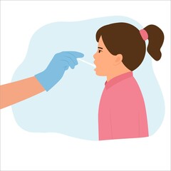 Doctor taking sample saliva for DNA test from little girl in clinic.Mouth saliva test using swab.Vector illustration