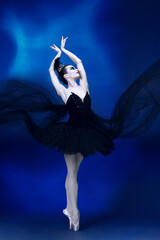Portrait of young incredibly beautiful woman, ballerina in black ballet outfit, tutu dancing at...