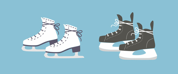 Women, man ice skates. Man, women ice skating on rink. Slides.Active lifestyle.Winter sport, active male, female leisure.Outdoor activity.Hockey.Figure skating. Color Isolated flat vector illustration