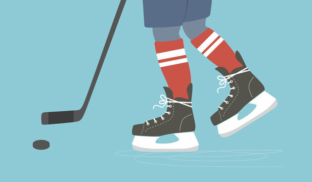 Ice skates. Hockey player with stick and puck. Man Ice skating on rink. Slides. Active lifestyle. Winter sport, active male leisure. Training. Outdoor activity. Color Isolated flat vector illustration