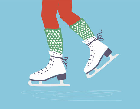 Ice skates. Slides. Women's ice skating on rink. Figure skating. Legs in red tights and green knitted leg warmers.Winter sport active female leisure. Outdoor activity.Isolated flat vector illustration