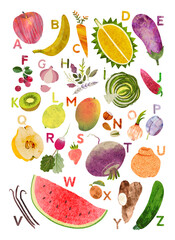 English alphabet for kids with vegetables and fruits. Childish educational alphabet poster