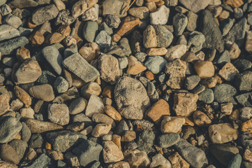 Background of various pebbles on the beach. Multi-colored stones.