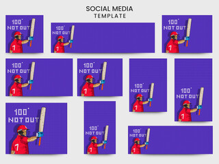 Social Media Template And Banner Set With England Cricket Batter Player And 100 Not Out Text On Violet Grid Background.