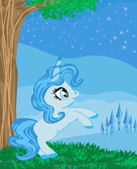 Card with a cute unicorn at night in the magic kingdom