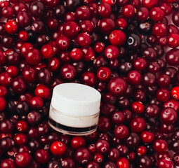 Cosmetic product with cranberry. Health and medicine concept, beauty and selfcare. Top view, copy space