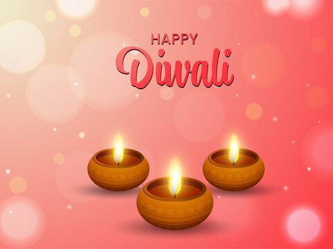 Happy Diwali Concept With Realistic Lit Oil Lamps (Diya) On Gradient Peach Bokeh Background.