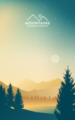Fototapeta premium Mountain landscape. Forest. Sunset in the mountains. Morning sky.Travel concept. Adventure. Minimalist graphic flyers. Polygonal flat design for coupon, voucher, gift card. Vector illustration