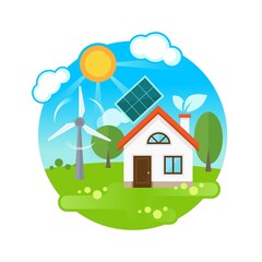 Eco house with a solar panel and a wind turbine on a green sunny lawn. Environmental technologies for energy saving. Vector stock illustration on a round background.