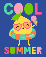 Cute cartoon lemon with lifebuoy Illustration design for summer holidays concept.