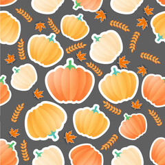 Sticker Style Pumpkins With Maple Leaves And Wheat Ear Decorated Gray Background.